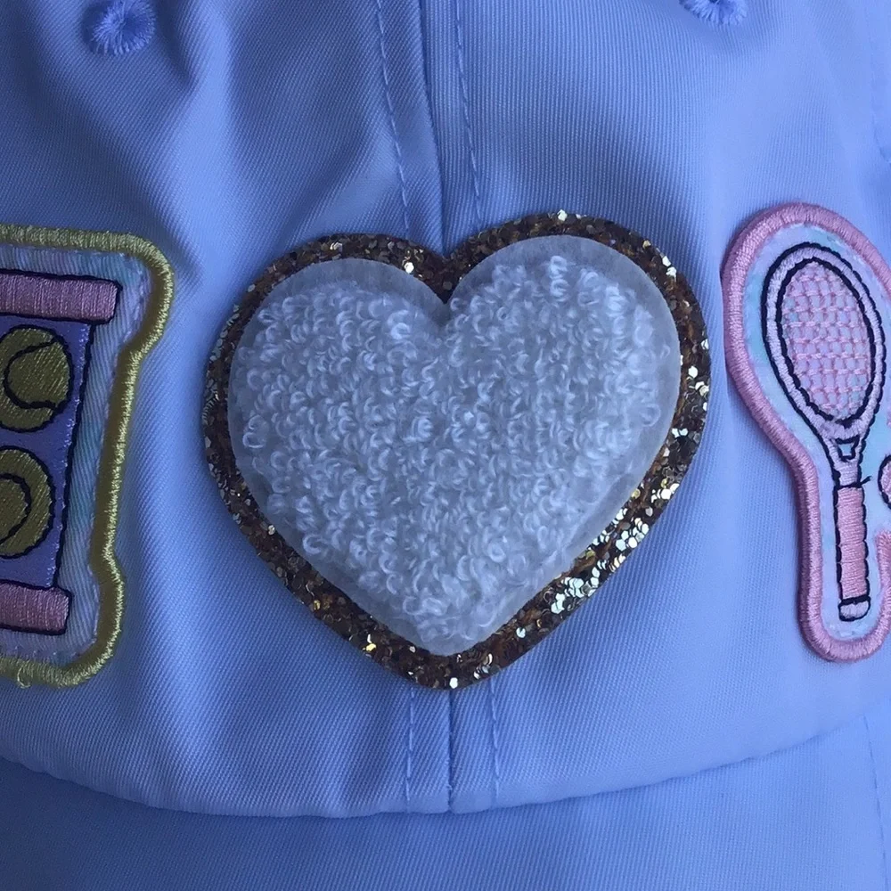 Stoney Clover Lane pastel baby blue nylon baseball cap I heart tennis racket